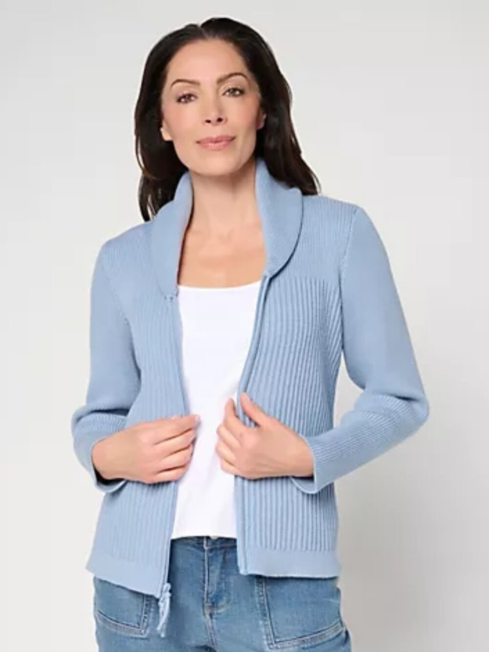 BEAUTIFUL by Lawrence Zarian Shawl Collar Zip Cardigan, Blue Sz L a735961
